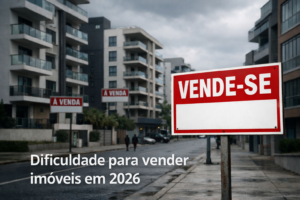 Prédios residenciais com placas de vende-se e texto “Dificuldade para vender imóveis em 2026” ilustrando o cenário do mercado imobiliário.