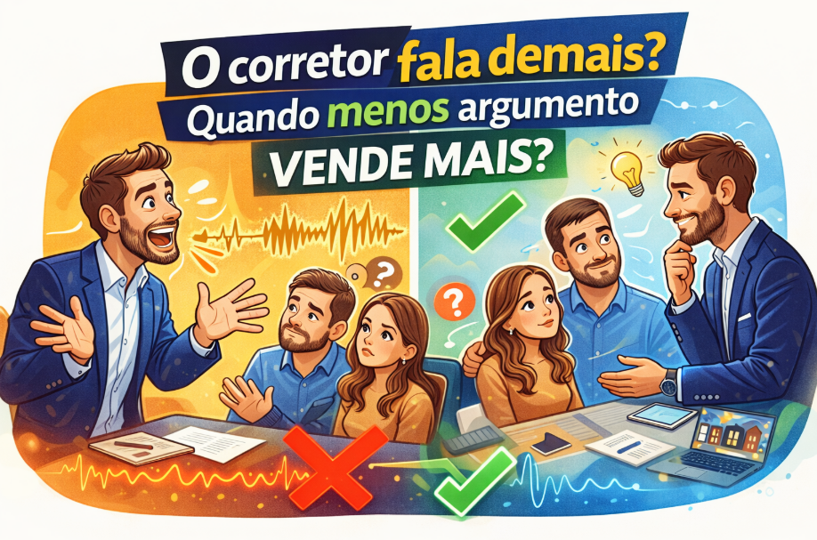 Corretor falando excessivamente para casal durante visita enquanto outro profissional observa, ilustrando que menos argumento vende mais no mercado imobiliário.
