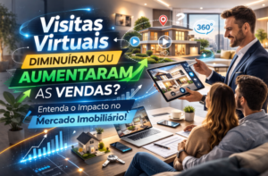 Visitas virtuais no mercado imobiliário ilustradas por tour 3D de imóvel em tela digital, representando o impacto da tecnologia nas vendas.