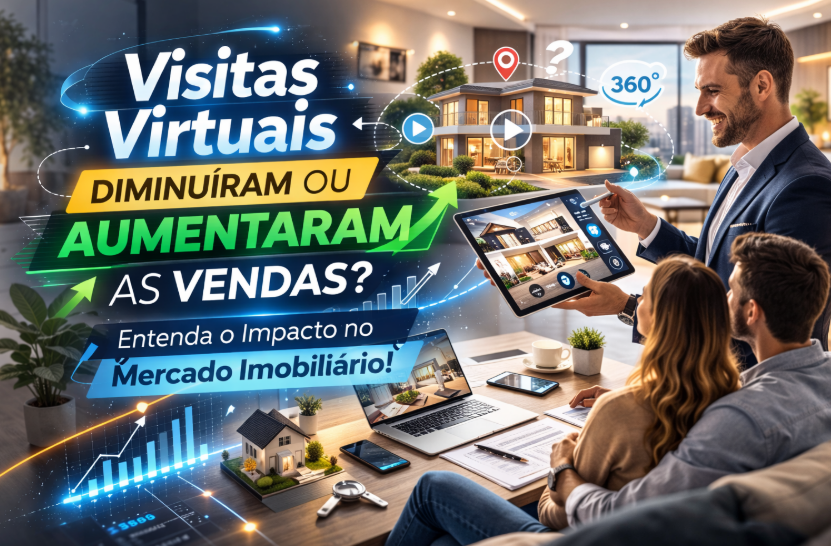Visitas virtuais no mercado imobiliário ilustradas por tour 3D de imóvel em tela digital, representando o impacto da tecnologia nas vendas.