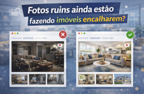 Foto comparativa mostrando anúncio de imóvel com fotos ruins e outro com fotos profissionais, ilustrando como a qualidade das imagens influencia na venda imobiliária.