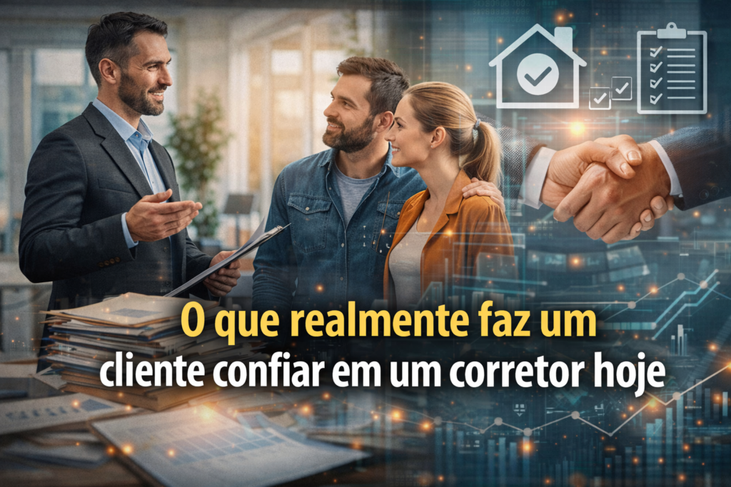 O que realmente faz um cliente confiar em um corretor hoje com corretor apresentando imóvel e cliente analisando proposta com segurança