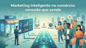Marketing inteligente no comércio: ilustração de lojista analisando dados e estratégias de conexão com clientes em ambiente de varejo.”