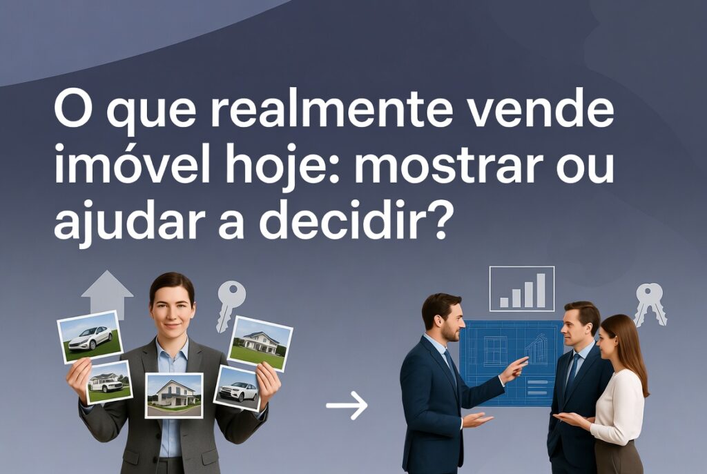 O que realmente vende imóvel hoje: mostrar ou ajudar a decidir? Ilustração que compara dois momentos: à esquerda um corretor mostrando várias fotos de imóveis, à direita um corretor orientando e conversando com um casal de clientes enquanto aponta para uma planta, representando a diferença entre apenas apresentar opções e ajudar o cliente a tomar a melhor decisão.