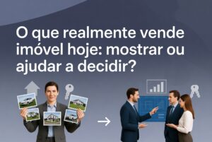 O que realmente vende imóvel hoje: mostrar ou ajudar a decidir? Ilustração que compara dois momentos: à esquerda um corretor mostrando várias fotos de imóveis, à direita um corretor orientando e conversando com um casal de clientes enquanto aponta para uma planta, representando a diferença entre apenas apresentar opções e ajudar o cliente a tomar a melhor decisão.