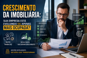 Gestor imobiliário analisando gráficos, indicadores e métricas de desempenho em ambiente corporativo, representando crescimento da imobiliária com foco em gestão estratégica, eficiência operacional e aumento de resultados.