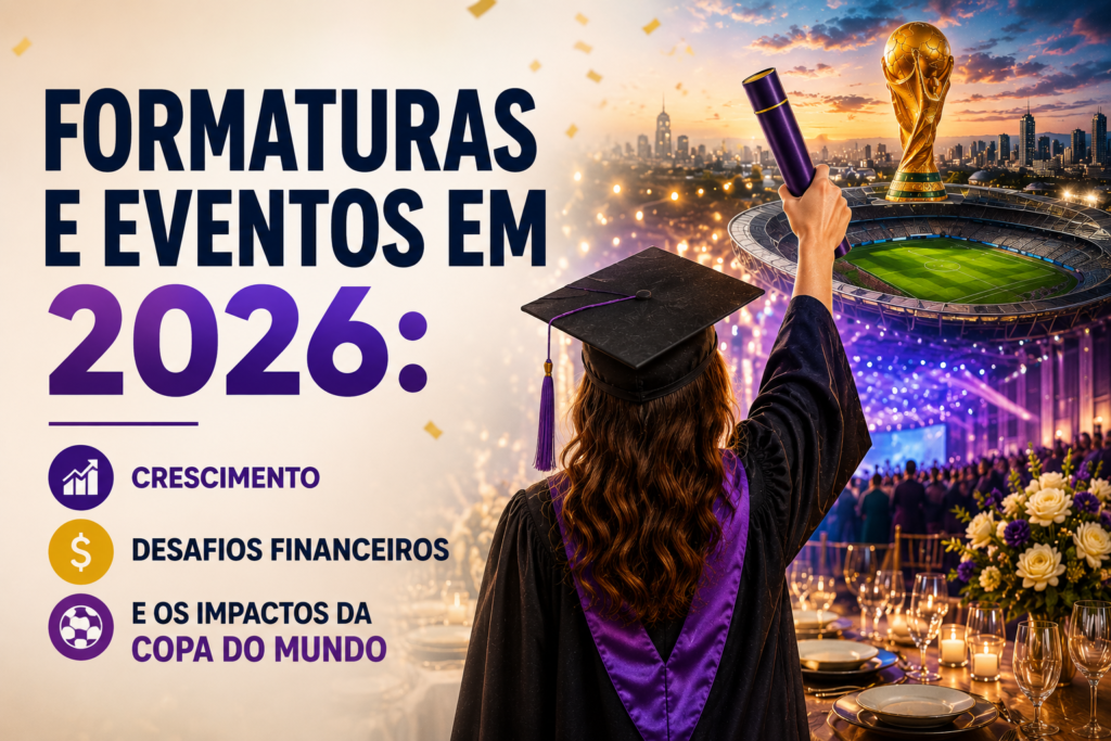 Formando segurando diploma em celebração de formatura diante de evento sofisticado, estádio inspirado na Copa do Mundo e cenário iluminado, representando crescimento, desafios financeiros e transformação do mercado de formaturas e eventos em 2026.