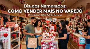 Capa de artigo com o título “Dia dos Namorados: como vender mais no varejo” sobre a foto de uma loja física decorada para a data, com expositores de presentes, atendentes uniformizados e um casal com sacolas de compra sendo atendido, destacando também pagamentos via PIX.