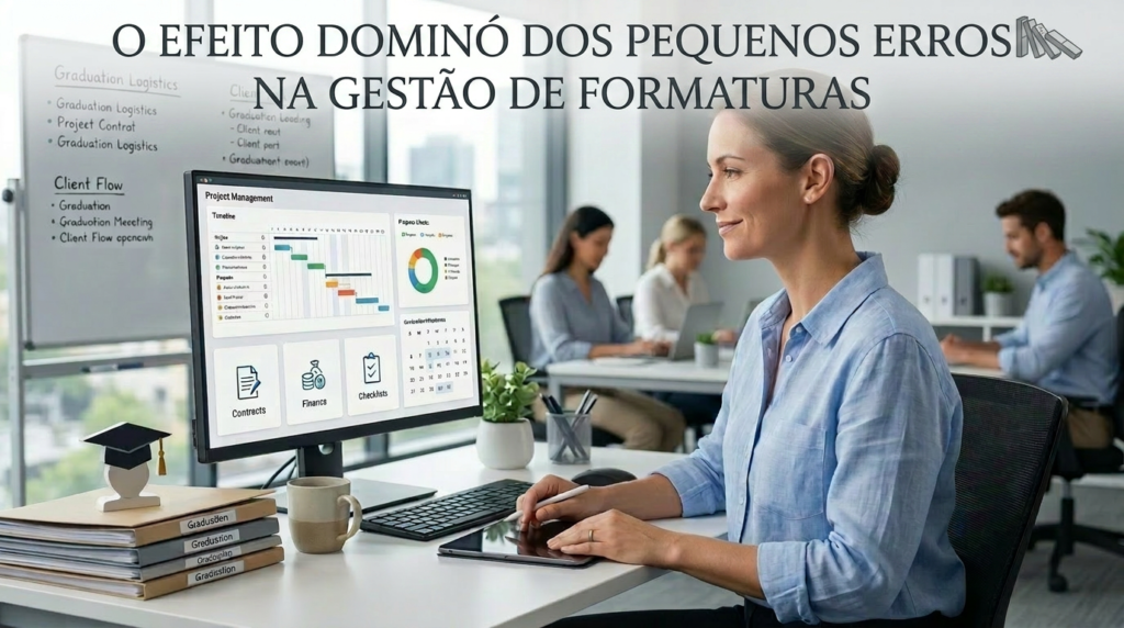 Capa com o título “O efeito dominó dos pequenos erros na gestão de formaturas” em destaque sobre a imagem de uma equipe analisando documentos e gráficos, simbolizando organização e controle na gestão de formaturas.