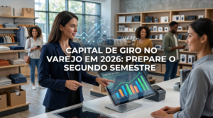 Capa de artigo sobre finanças mostrando gestor de varejo analisando gráficos de caixa e estoque em um notebook, com o título em destaque “Capital de giro no varejo em 2026: prepare o segundo semestre” sobre fundo em tons de azul corporativo.
