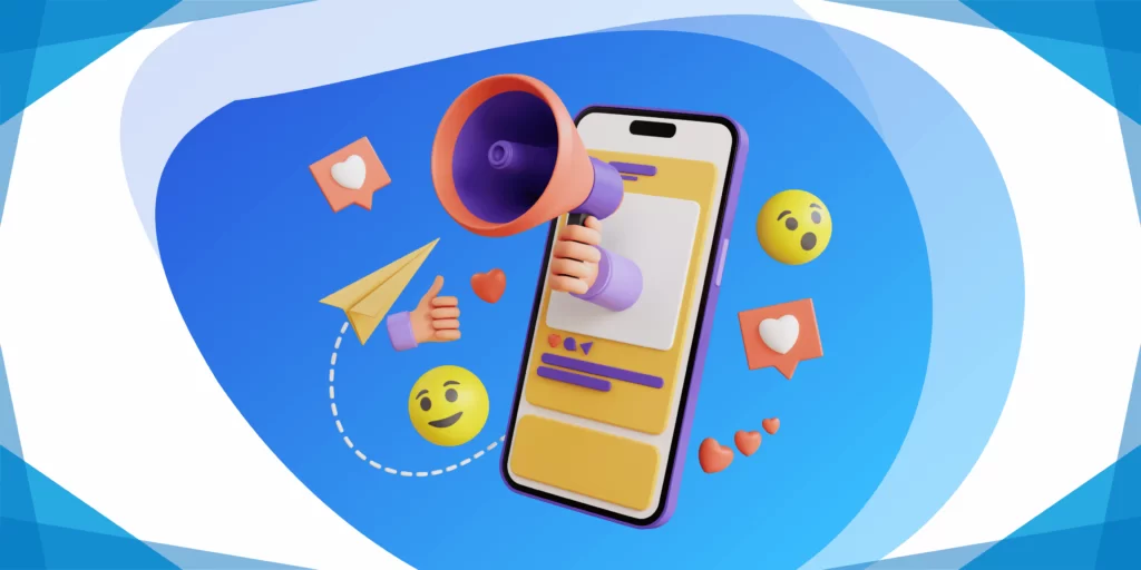 A imagem ilustra elementos-chave do Marketing Imobiliário digital. Um smartphone central exibe um megafone, simbolizando promoção ativa. Ícones como uma casa, envelope, e emojis de curtida e coração circundam o dispositivo, representando publicidade, correspondência e engajamento social. O fundo azul com detalhes brancos sugere um ambiente digital conectado.