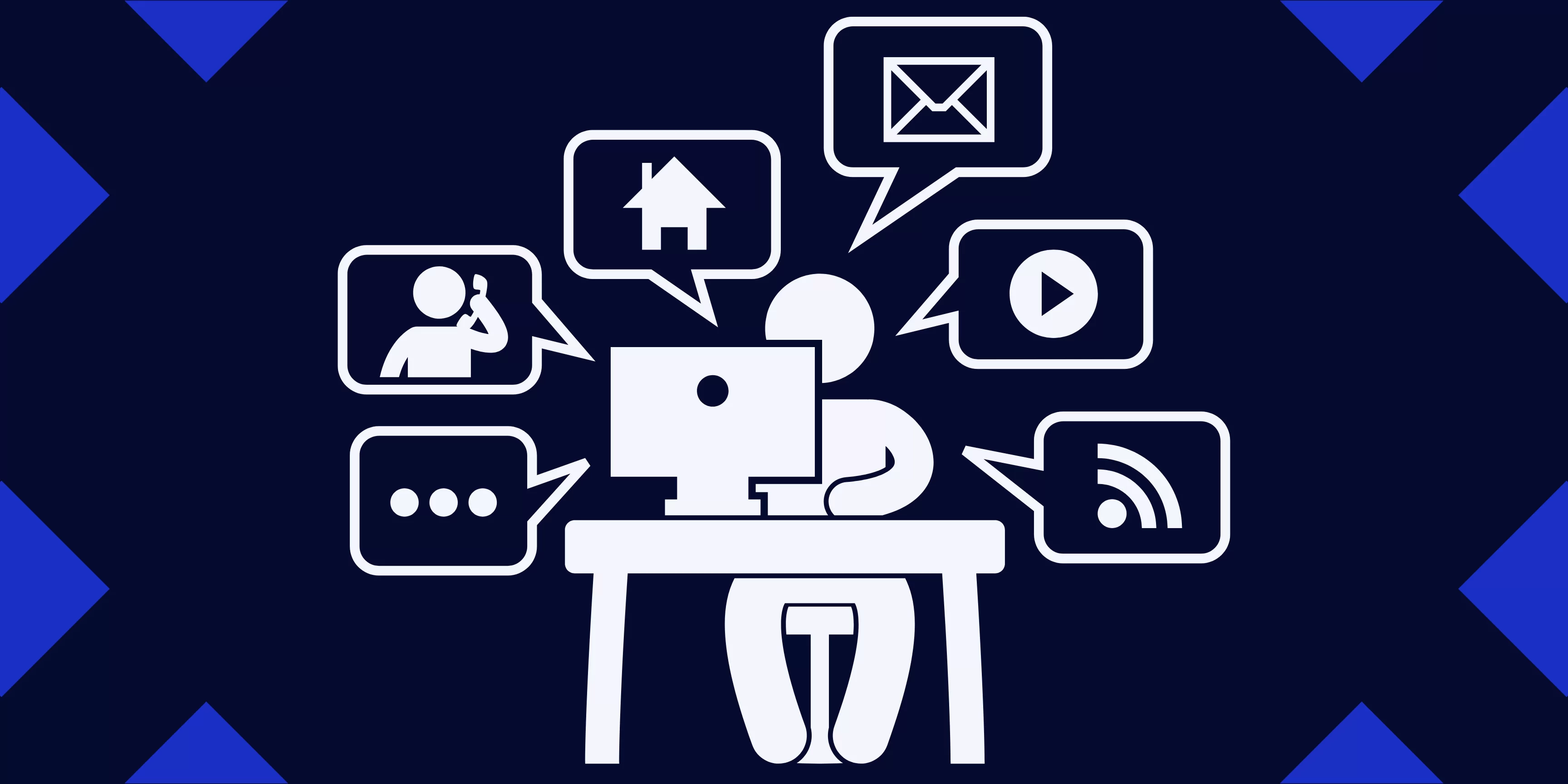 A imagem apresenta uma ilustração digital que destaca uma figura central em uma mesa de computador, envolvida em atividades relacionadas ao marketing imobiliário. Ao redor da figura, há ícones que representam diferentes aspectos da indústria, como comunicação, imagens de casas, e-mail, marketing de vídeo e conectividade online. O fundo é azul escuro com padrões geométricos que sugerem um ambiente digital ou virtual. Essa composição visual enfatiza a importância e a abrangência do marketing imobiliário na era digital.