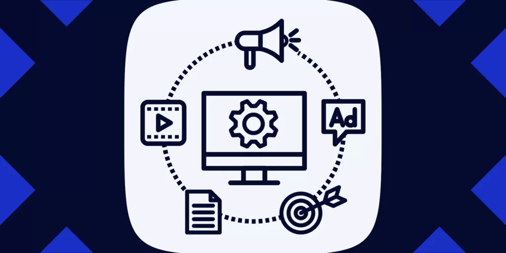 A imagem ilustra um ícone de marketing imobiliário com um megafone, uma engrenagem e um alvo conectados por linhas pontilhadas a um monitor central que exibe símbolos de vídeo, configuração e anúncio, sugerindo estratégias integradas de promoção imobiliária. Essa representação visual enfatiza a importância de uma abordagem multifacetada e estratégica no Marketing Imobiliário.