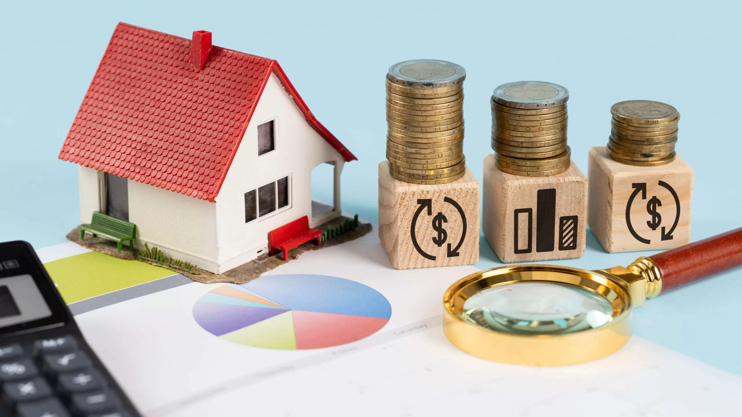 Representação visual das taxas do mercado imobiliário com uma pequena casa modelo, pilhas de moedas em blocos de madeira com símbolos de moeda, uma calculadora, gráficos de pizza e uma lupa sobre um fundo azul claro.” Essa imagem simboliza os aspectos financeiros e a análise envolvidos na compreensão das taxas do mercado imobiliário.