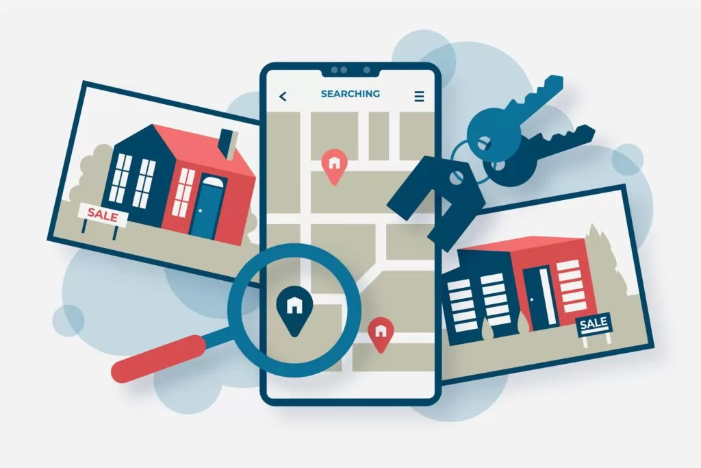Ilustração mostrando um aplicativo de busca de imóveis com mapa e localização, simbolizando os erros que fazem você perder vendas ao anunciar um imóvel.