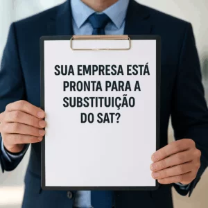 Empresário segurando uma placa com a sigla NFC-e, simbolizando a substituição do SAT e a modernização fiscal no comércio paulista.