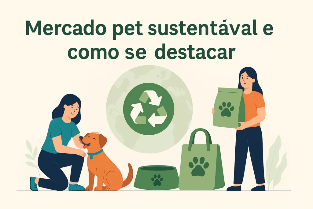 Ilustração digital em estilo flat mostra uma loja pet sustentável com embalagens ecológicas, prateleiras organizadas e tutores comprando produtos naturais para seus animais de estimação, representando as novas tendências do mercado pet.