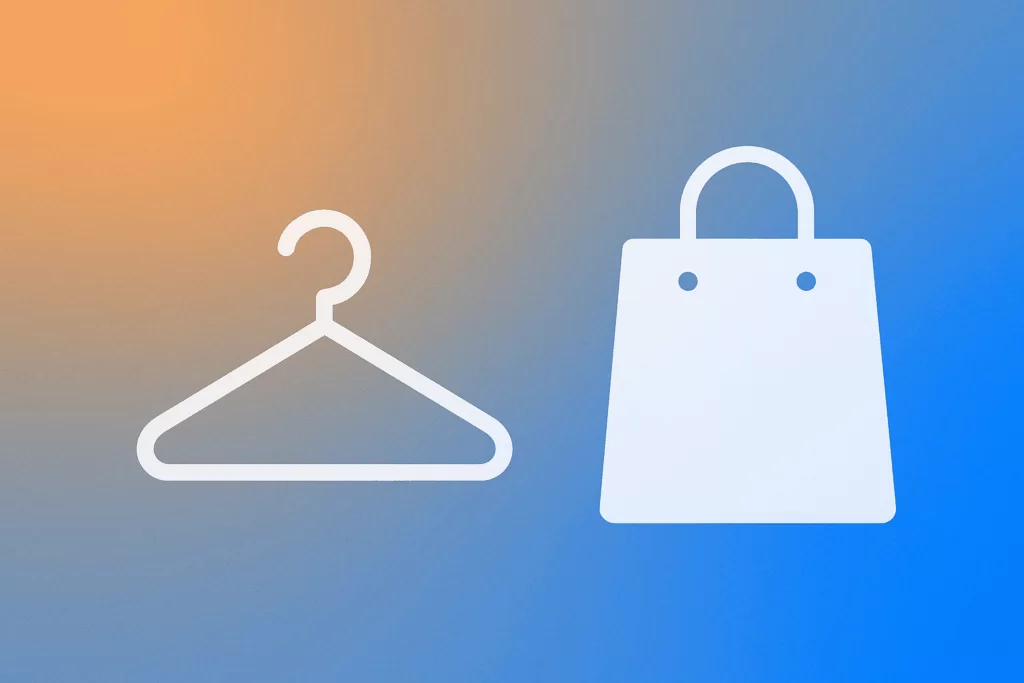 Imagem ilustrativa com fundo em gradiente laranja e azul, mostrando ícones brancos de um cabide e uma sacola de compras, representando os desafios e oportunidades para o varejo de moda em 2025.