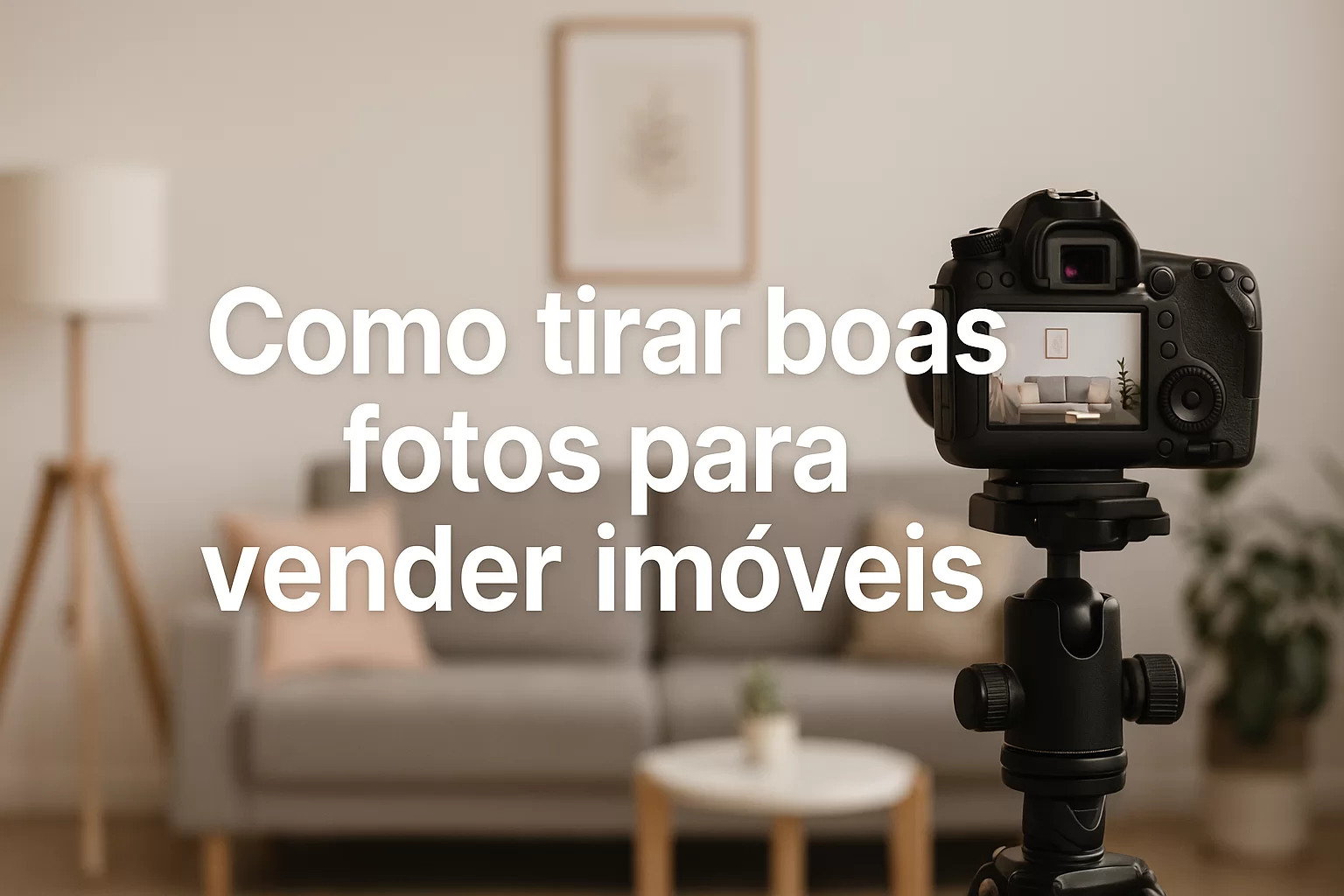 Como tirar boas fotos para vender imóveis' em destaque. Ao fundo, uma sala decorada com iluminação natural é fotografada por uma câmera DSLR sobre um tripé, simbolizando a prática da fotografia imobiliária profissional.