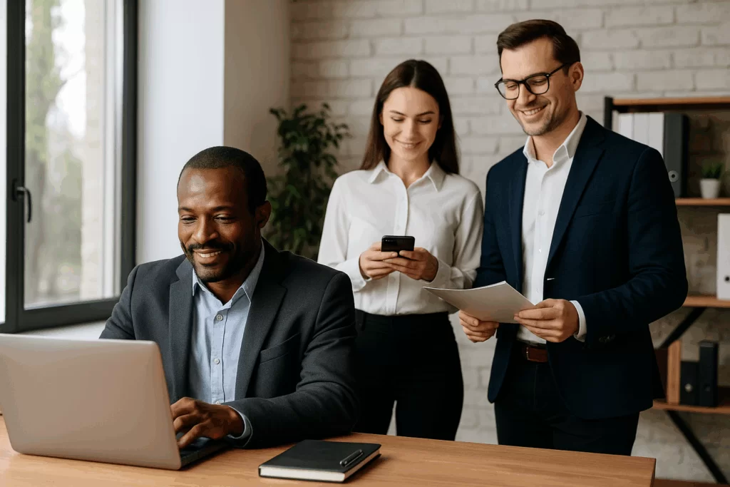 Três profissionais analisam juntos um notebook em um escritório moderno com luz natural, representando Como controlar sua equipe de vendas externa com inteligência