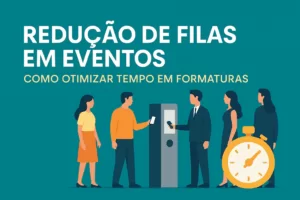 Redução de filas em eventos: ilustração de pessoas em fila organizada com tecnologia para otimizar tempo em formaturas.