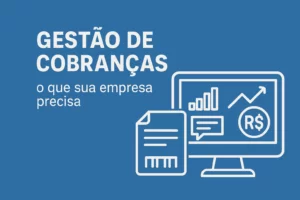 Gestão de cobranças representada por ilustração de computador com gráficos financeiros e documento, simbolizando controle e eficiência empresarial.