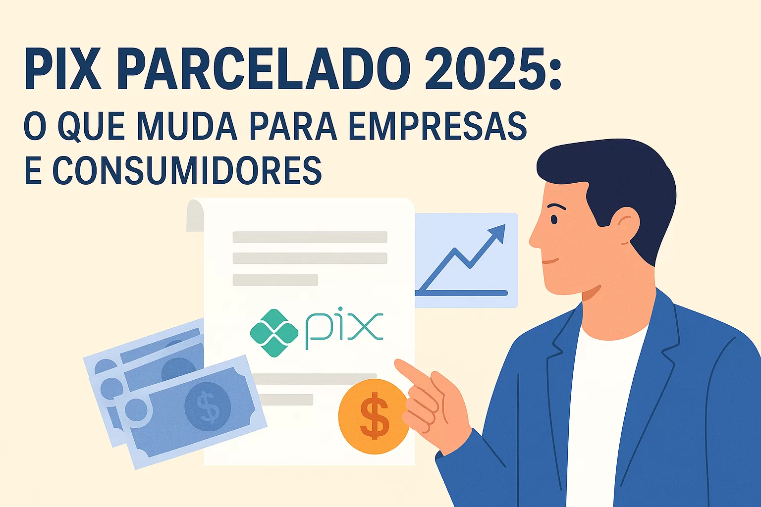 PIX parcelado 2025 ilustrado com personagem apontando para documento com logo do PIX, notas de dinheiro e gráfico de crescimento, representando impacto em empresas e consumidores.