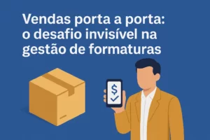 Vendas porta a porta em formaturas: ilustração de vendedor com smartphone e caixa representando logística e gestão.