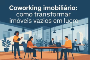 Ilustração de um coworking imobiliário moderno com profissionais trabalhando em laptops em um ambiente compartilhado e iluminado, simbolizando inovação e rentabilidade.