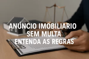 Capa horizontal do artigo “Anúncio imobiliário sem multa: entenda as regras”, mostrando um contrato sobre a mesa com miniatura de casa e balança da justiça ao fundo, representando equilíbrio e conformidade legal no setor imobiliário.
