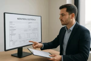 Corretor ou gestor fiscal analisando notas fiscais eletrônicas em um sistema digital, representando a mudança da NFC-e para NF-e em operações entre CNPJs. gere a imagem
