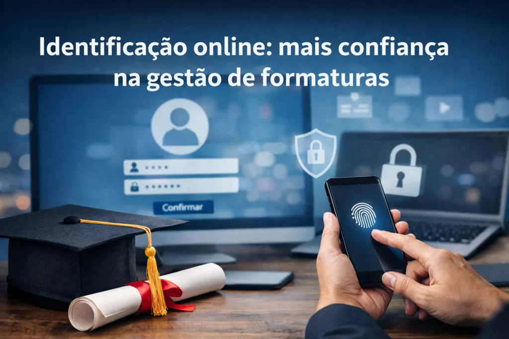 “Imagem horizontal representando identificação online na gestão de formaturas, com foco em segurança digital, organização e confiança.”