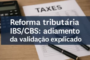 Imagem horizontal ilustrando documentos fiscais, gráficos e calculadora sobre mesa, representando a Reforma tributária IBS/CBS e o impacto do adiamento da validação.