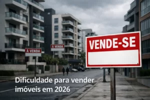 Prédios residenciais com placas de vende-se e texto “Dificuldade para vender imóveis em 2026” ilustrando o cenário do mercado imobiliário.