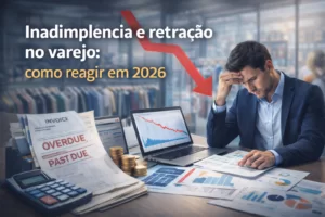 Inadimplencia e retração no varejo ilustrada por gestor analisando gráficos financeiros em loja, representando desafios econômicos em 2026.