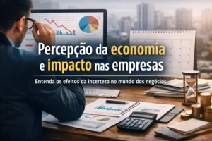 “Empresário analisando gráficos financeiros em computador enquanto avalia o impacto da percepção da economia nas empresas e no fluxo de caixa dos negócios.”