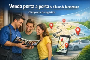 Venda porta a porta de álbuns de formatura com vendedor apresentando álbum a clientes enquanto rota de visitas ilustra a logística da operação comercial.