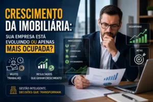 Gestor imobiliário analisando gráficos, indicadores e métricas de desempenho em ambiente corporativo, representando crescimento da imobiliária com foco em gestão estratégica, eficiência operacional e aumento de resultados.