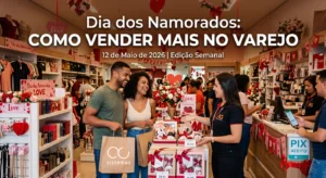 Capa de artigo com o título “Dia dos Namorados: como vender mais no varejo” sobre a foto de uma loja física decorada para a data, com expositores de presentes, atendentes uniformizados e um casal com sacolas de compra sendo atendido, destacando também pagamentos via PIX.